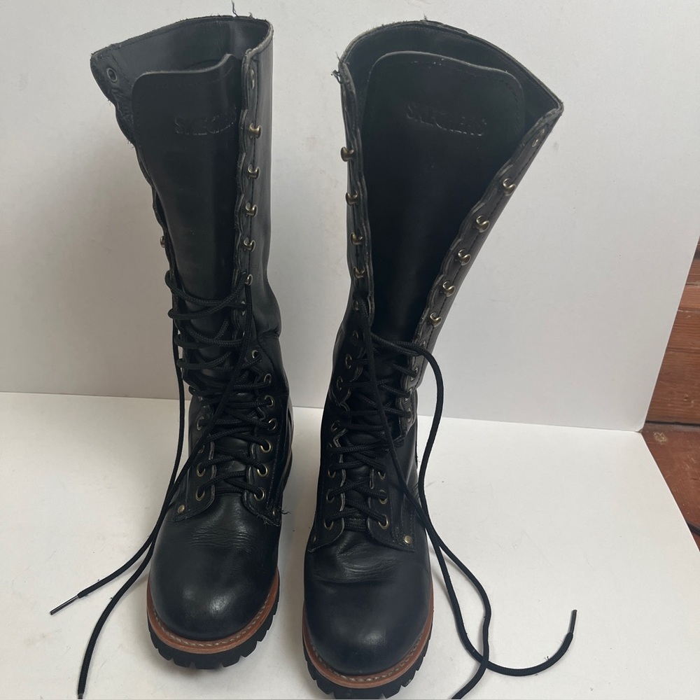 Skechers Black Lace-Up Combat Boots with Brown Trim